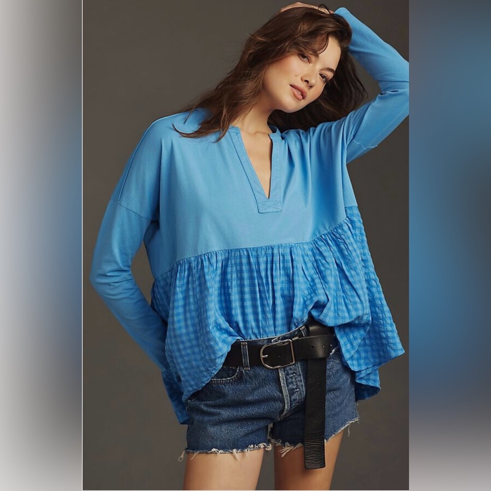Anthropologie Pilcro Long-Sleeve Babydoll gingham top